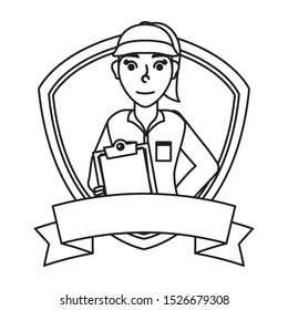 female young mechanic worker with checklist in shield frame vector illustration design