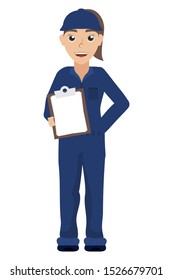 female young mechanic worker with checklist vector illustration design