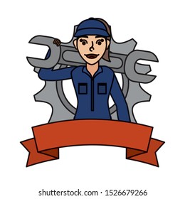 female young mechanic worker with gear and ribbon vector illustration design