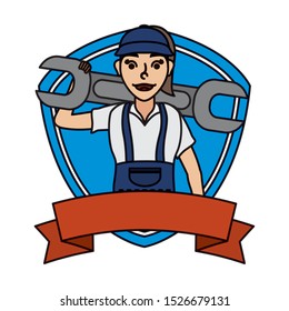 female young mechanic worker lifting wheel in shield vector illustration design