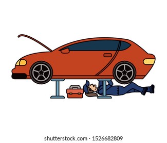 female young mechanic working in car character vector illustration design