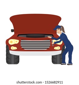 female young mechanic working in car character vector illustration design