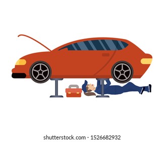 female young mechanic working in car character vector illustration design