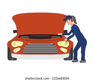 female young mechanic working in car character vector illustration design