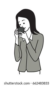 Female young office worker, businesswoman, drinking coffee. Outline or line sketch, hand draw illustration style, black and white tone. 