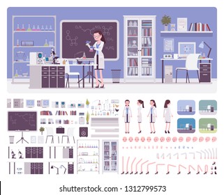 Female young scientist working in laboratory, office interior creation kit, workspace set to build your own design, wall, floor color constructor elements. Cartoon flat style infographic illustration