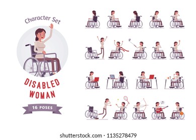 Female young special wheelchair user ready-to-use character set. Disease, injury or accident result. Disability and medical social policy concept. Full length, different views, gestures, emotions