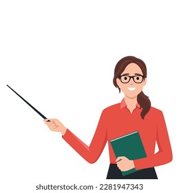 Female young teacher in casual clothes at blackboard with copy space showing something using pointer stick. Flat vector illustration isolated on white background