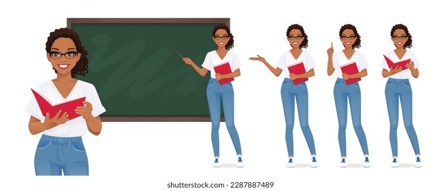 Female young teacher in casual clothes at blackboard with copy space showing something using pointer stick isolated vector illustration