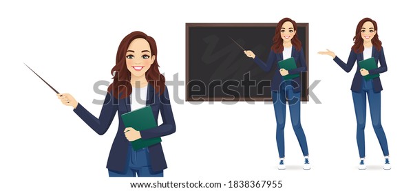 Female young teacher in casual clothes at\
blackboard with copy space showing something using pointer stick\
isolated vector\
illustration