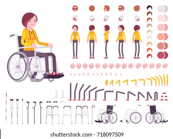 Female young wheelchair user character creation set. Full length, different views, emotions and gestures. Build your own design. Disability and people. Vector illustration