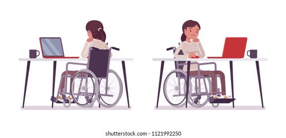 Female young wheelchair user at computer. Dreaming of productive online job. Disability, social policy concept. Vector flat style cartoon illustration, isolated, white background. Front, rear view