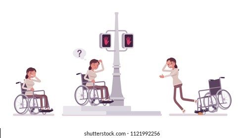 Female young wheelchair user in negative city street emotions. Town problems and handicaps. Disability, medical policy concept. Vector flat style cartoon illustration, isolated, white background.
