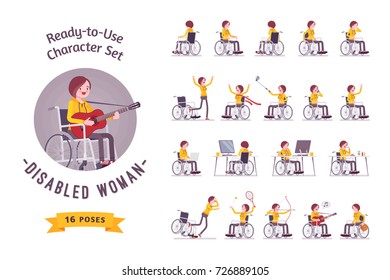 Female young wheelchair user ready-to-use character set. Training during rehabilitation, town problems, sport and everyday work. Various poses, emotions. Physical disability, society concept