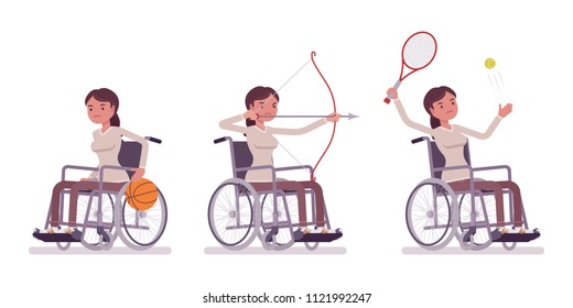 Female young wheelchair user and sport activity. Have fun, compete in tennis, archery. Disability, medical social policy concept. Vector flat style cartoon illustration, isolated, white background