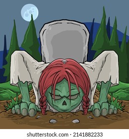 female zombie rises from her grave