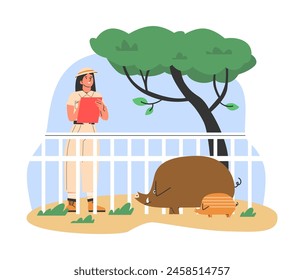 Female zoologist at work. Detailed vector illustration depicts a zoologist observing the behavior of a wild boar against a bright blue sky background. Sticker in flat style on isolated background.