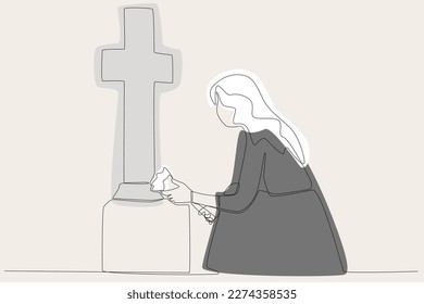 A female  colored design brings flowers to funeral  One line drawing