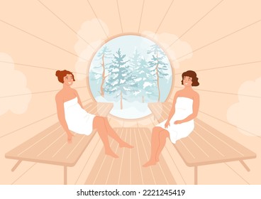 Females in barrel sauna with winter forest in window. Women wrapped in towels relax in round bathhouse. Luxury resort, spa on nature, wellness concept. Leisure healthy weekend. Vector illustration.
