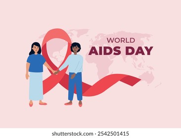 Mulheres de diferentes nacionalidades se apoiando. Casal gay de mãos dadas. Banner do Dia Mundial da AIDS. Ilustração vetorial em estilo plano.