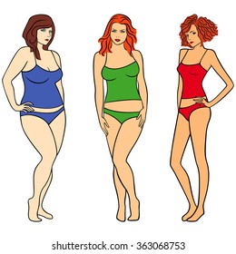 Females with different weight and figures isolated over white, hand drawing colourful vector illustration