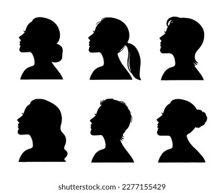 Female's elegant silhouettes with different hairstyles. Beautiful women's head in profile. Vector illustration