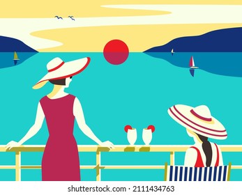 Females enjoy blue ocean sunset scenic view. Yacht boat, summer seaside nature landscape background. Holiday vacation season sea travel leisure illustration. Sea sailing relax tourist vector poster