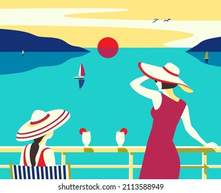 Las mujeres disfrutan de vistas panorámicas al atardecer azul del océano. Barco náutico, paisaje natural de verano. Ilustración de viajes de vacaciones por mar. Vela marítima relajación afiche de vector turístico