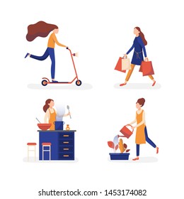 Females enjoying free time activities. Going out shopping, cooking dinner, riding scooter or gardening outdoor plants. Personal interests flat persons vector illustration collection set.