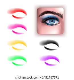 Females eyes with different makeup eyeshadow colors. Set of colorful eyeshadows and realistic eye on white background, Vector EPS 10 format