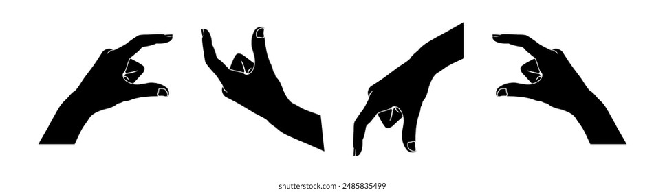  Female's finger measuring an invisible sized object, woman's palm making gestures. Hand illustration of a person communicating with two fingers as a sign or symbol. Icon set silhouette design