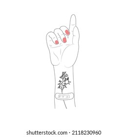 Female's hand vector line drawing with flower 