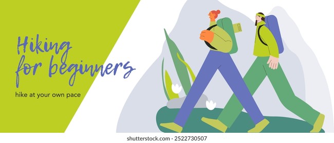 Fêmeas caminhando sobre o fundo da natureza. Amigos juntos. Caminhada aventura ao ar livre, turista ativo, trekking e mochila. Ilustração vetorial. Caminhadas para iniciantes. Página inicial, banner do site.