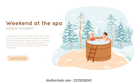 Females in hot tub in winter forest. Women relax in wooden heated bath. Barrel on terrace, luxury resort, spa on nature, wellness banner concept. Leisure healthy weekend. Vector illustration.