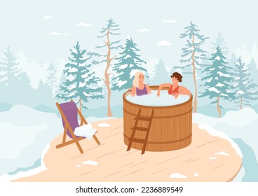Females in hot tub in winter forest. Women relax in wooden heated bath. Barrel on terrace, lounge chair with towel, luxury resort, spa on nature concept. Leisure healthy weekend. Vector illustration.