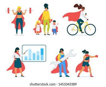 Females in modern society cartoon vector illustration set. Women professions, careers and hobbies flat characters pack. Super women in red capes, female heroes. Girl power concepts  