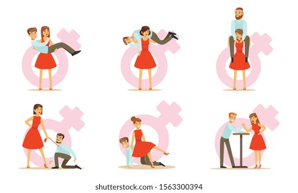 Females In Modern Society, Woman Exchanging Places With Man And Dominating Him Vector Illustration Set Isolated On White Background