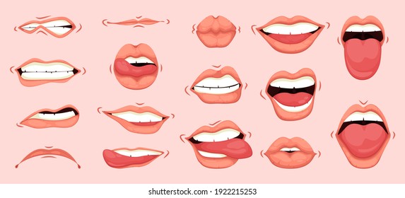 Female's mouth to express different emotional states. Various open mouth options with lips, tongue and teeth. Isolated vector illustration