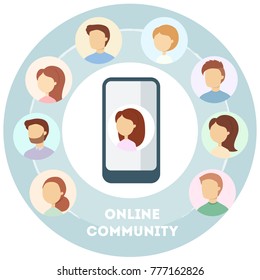Female's online community. Smartphone with all contacts.
