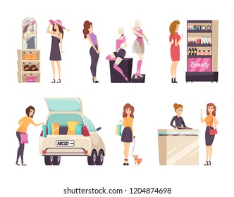 Females shopping at stores and purchasing clothes, dresses and hats. Cosmetics and food shop, car with paper bags, lady with toy dog walking vector