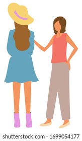 Females talking at marketplace isolated on white. Vector cartoon lady in blue dress, boots and straw hat and her best friend in blouse and jacket, flat people