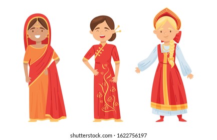 Females Wearing Traditional Costumes Standing and Smiling Vector Set