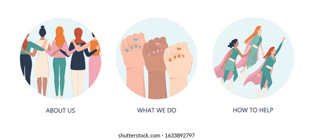 Femenism concept. Women support organization website colored icons. Idea of gender equality and female movement. Girl power movement. Social service web icons.