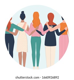 Femenism And Girl Power Concept Icon. Idea Of Gender Equality And Female Movement. Women Group Hugging Together. Female Character Support Each Other Card Or Banner. Isolated Vector Illustration