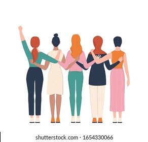 Femenism and girl power concept. Idea of gender equality and female movement. Women group hugging together. Female character support each other card or banner. Isolated vector illustration