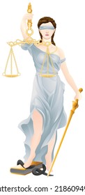 Femida the goddess Themis with a sword of justice and scales in her hands. Graphic vector 