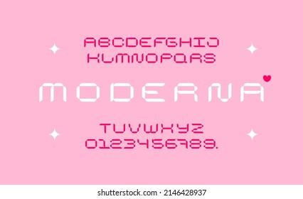 Cibertipo feminista. Alfabeto latino moderno píxel moderno de moda. Mayúsculas, letras y números. Tipo elegante para logotipo contemporáneo, impresión, encabezado.