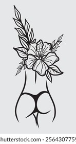 Feminin exotic girl from behind with plant and flower illustration vector clip art t shirt desihn  sticker artwork poster print art editable