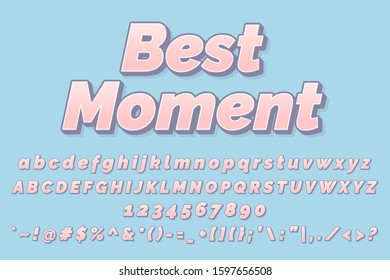 Feminine 3d text effect design, alphabet, letters, symbol, and numbers.