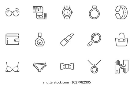 Feminine Accessories Vector Flat Line Icons Set. Jewelry, Underwear, Sunglasses, Perfume, Bag, Glove. Editable Stroke. 48x48 Pixel Perfect.